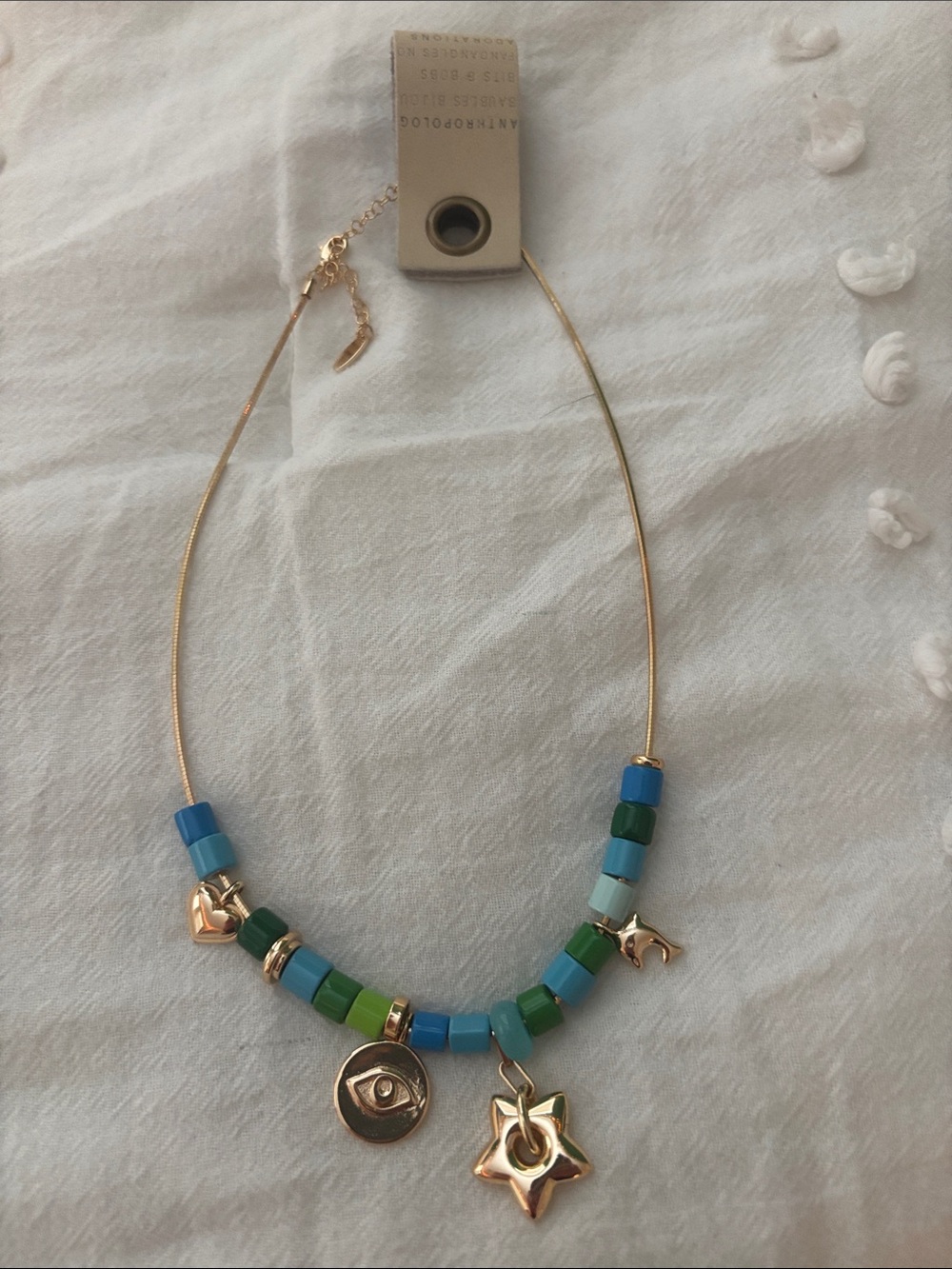 NWT Anthropologie 14 K Gold plated Charm & Bead Necklace, Gold, Blue & Green